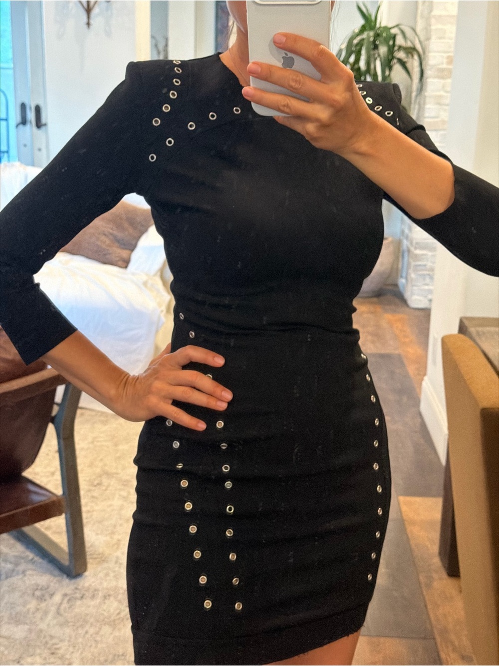 Black Grommet-Detail Bodycon Dress